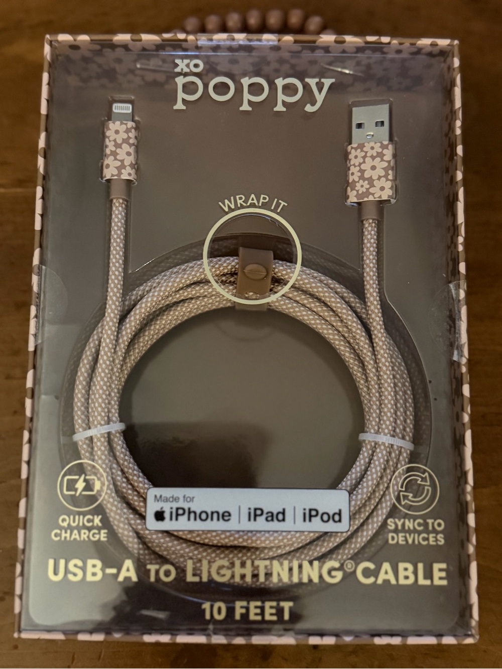 xo poppy 10ft USB-A to Lightning Cable in Floral Pink Beige